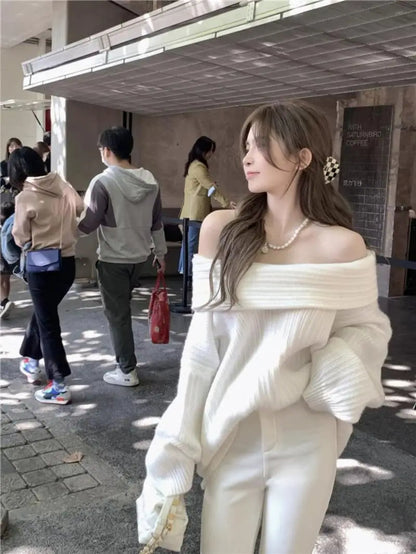 Off-Shoulder Knitted Sweater – Elegant Loose Pullover for Autumn/Winter Chic & Cozy Fashion