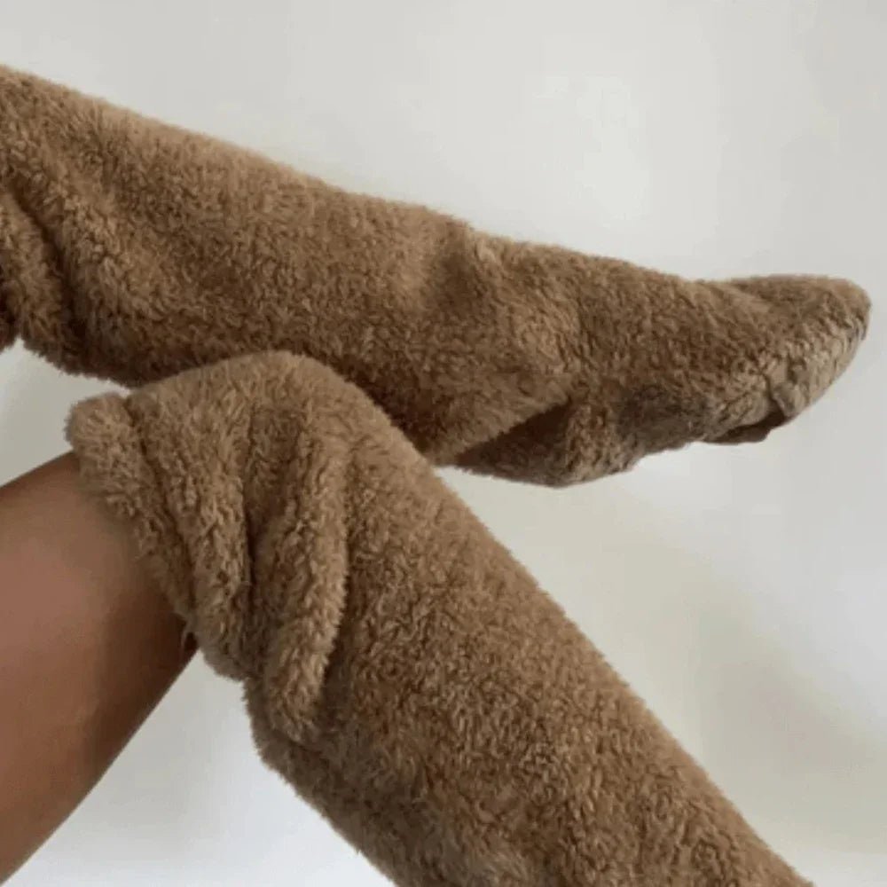 Winter Thigh-High Socks – Fuzzy Over-Knee Boot Stockings with Plush Warmth for Women and Kids at Home or Office